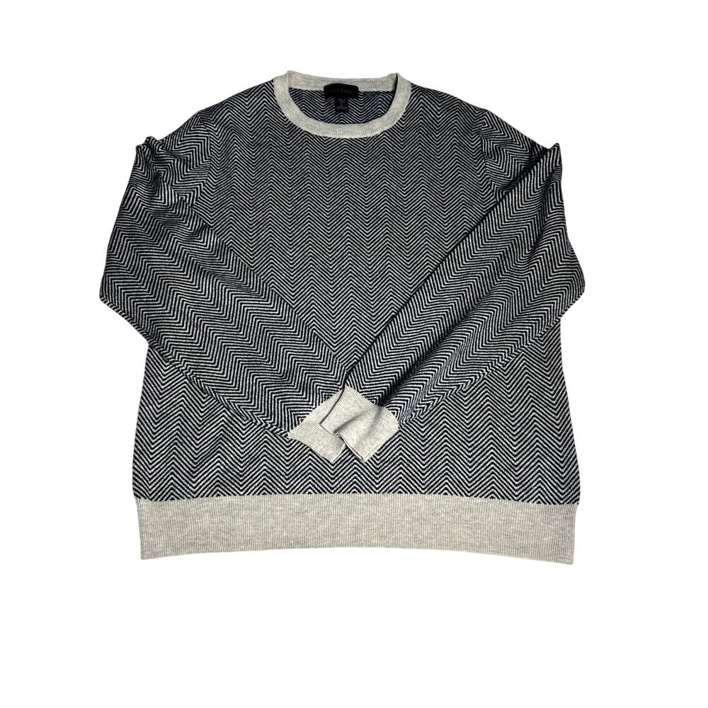 Scott Barber Mens Herringbone Grey Navy Merino Wool Cotton Blend Sweater Size L